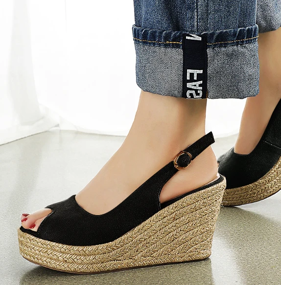 EAGSITY Elegance peep toe pumps espadrilles wedges platform high heel shoes office lady casual comfortable women slingback heel