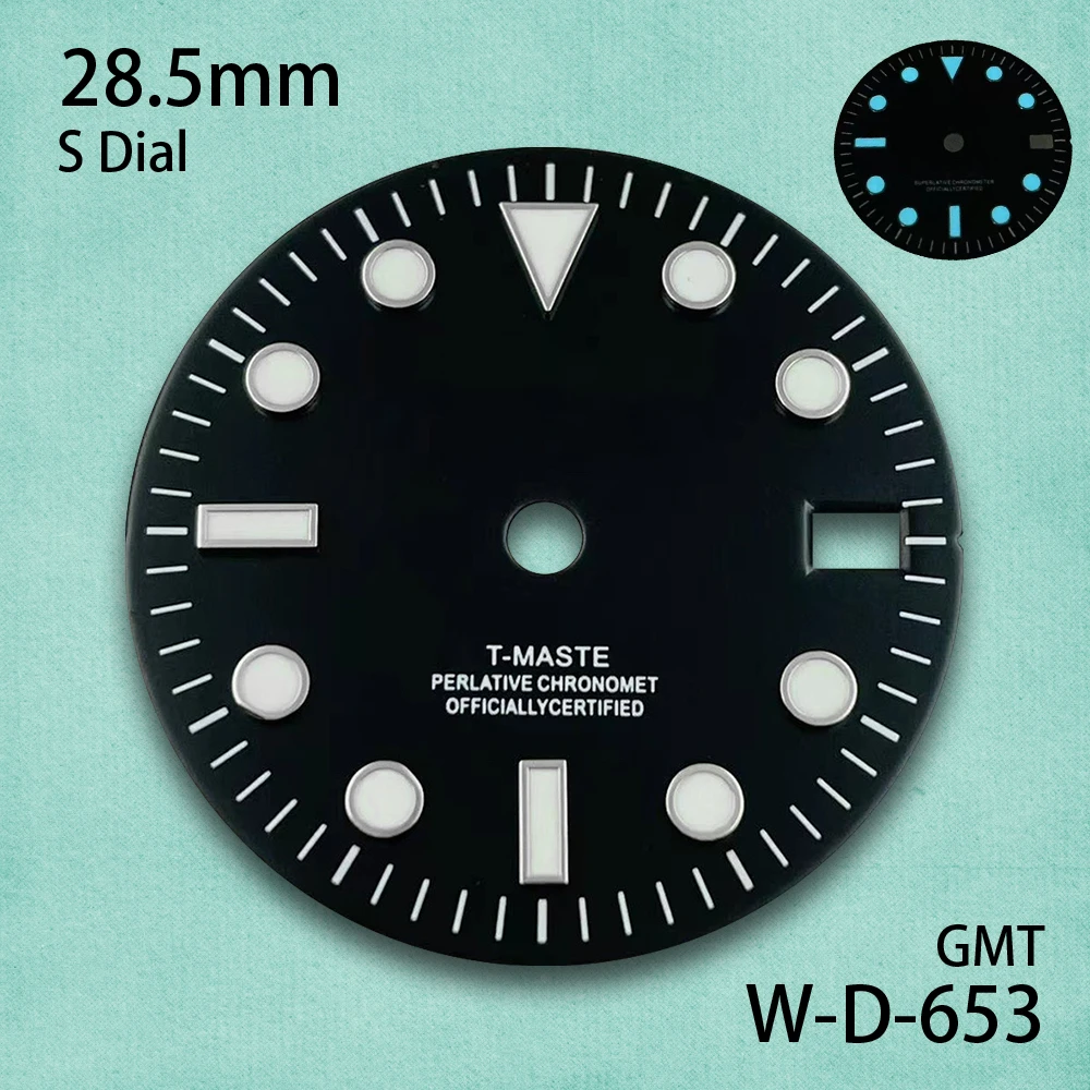 28.5mm Print S Logo GMT Black Dial Fit NH34 Japanese Movement Ice Blue Luminous Watch Modification Accessories