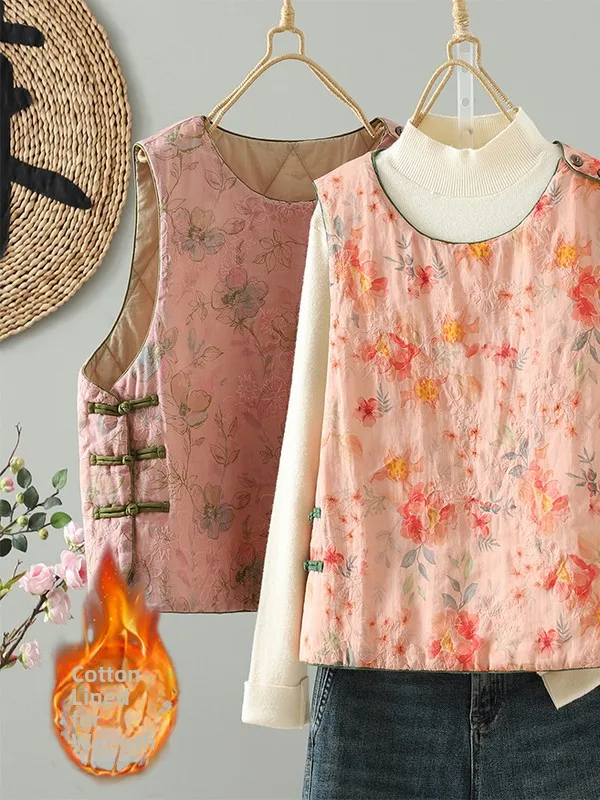 Coreano japonês marca feminina thiened algodão jaet inverno tamanho grande chinês sle floral impressão buttonl colete topo