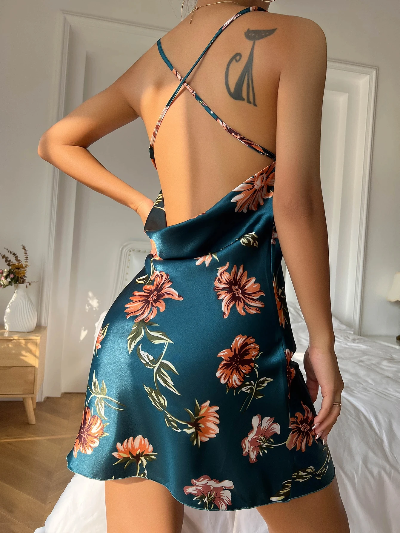 Summer Ice Silk Stain Nightgowns Women's Slip Dress Sexy Sleepwear Floral Print Pajamas Open Back Split Nightdress Pajamas