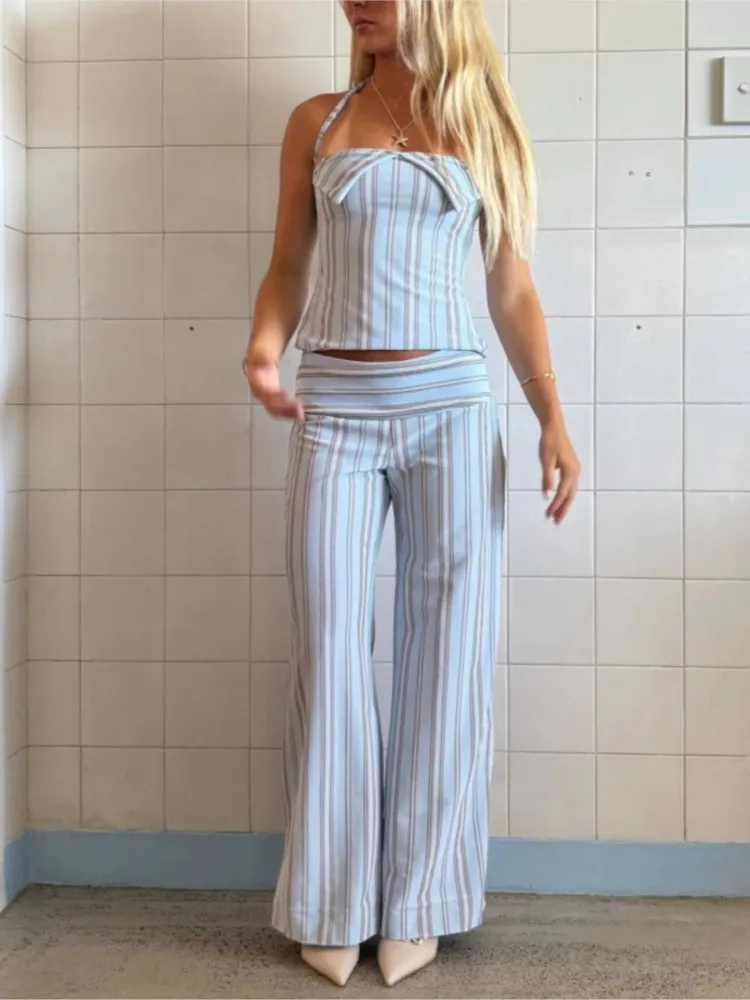 

New Woman 2 Piece Set Outfit Striped Casual Homewear Backless Halter Neck Lace-up Slim Top Straight Pants Contrast Simple Style