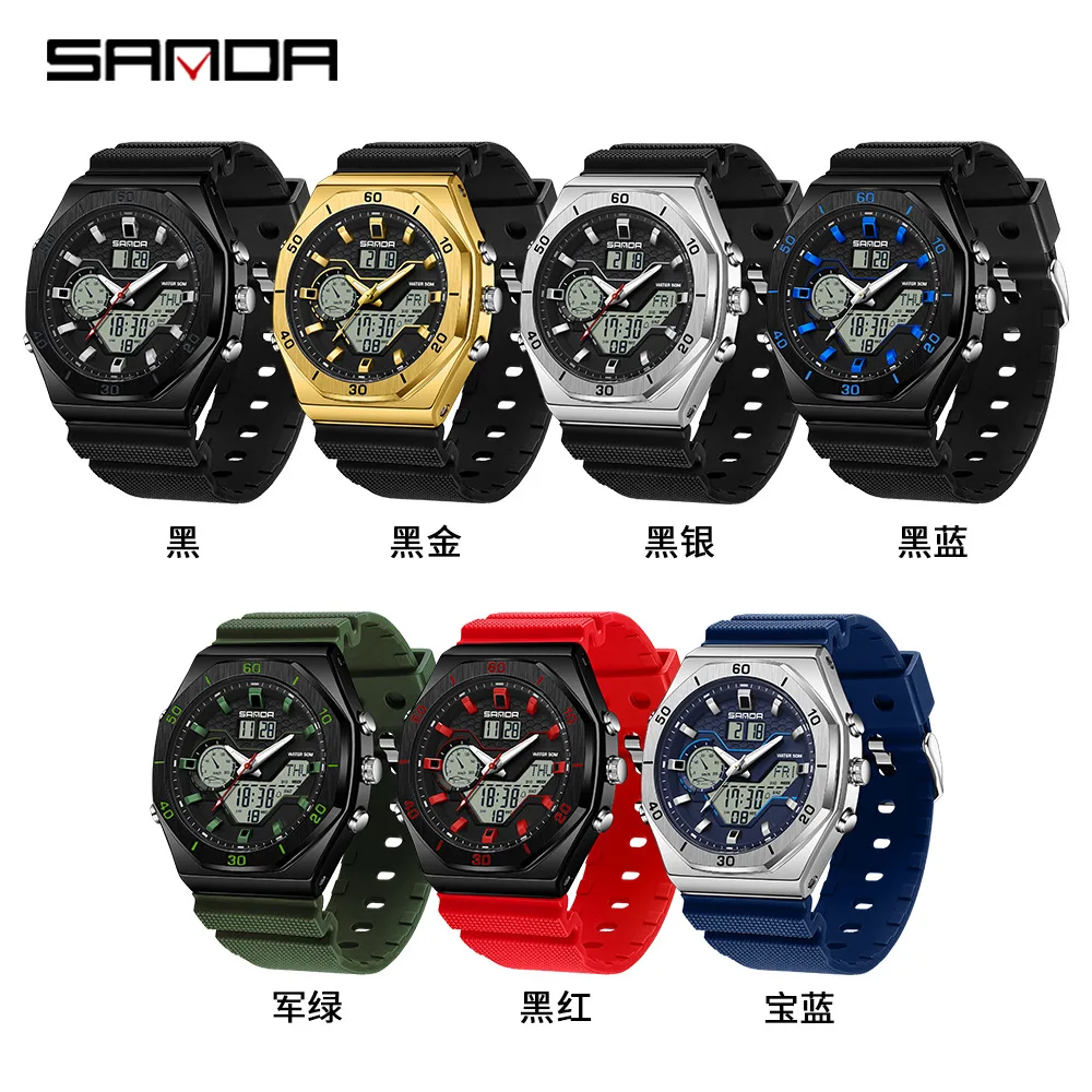 Sanda 6209 Men Waterproof Quartz Countdown Three Local Time Led Digital Watches Alarm Dual Movement Electronic Reloj De Hombre