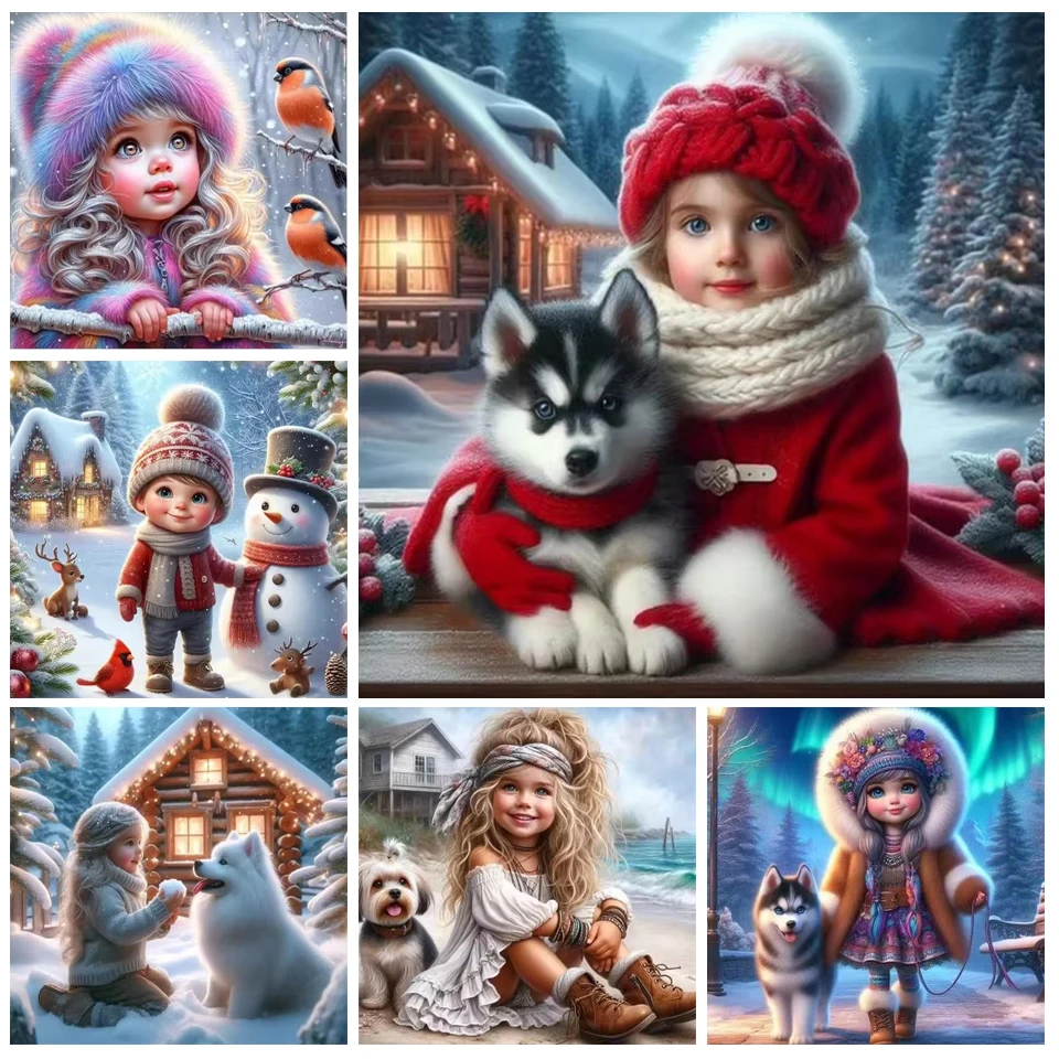 5d Diamond Painting Snow Girl Husky Dog Mosaic Needlework Full Drill Christmas Scenery Gift Embroidery Sale Wall Decor Crafts