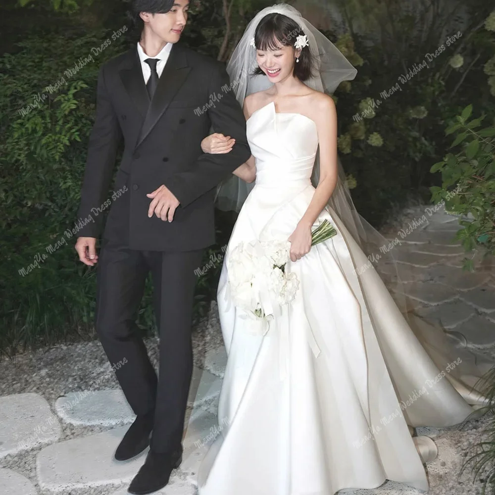 ZHUISHU Elegant Korea Satin Pleat Wedding Dress A-line Draped Sweep Train Bridal Gown Sleeveless Photo Shoot Gowns Customized