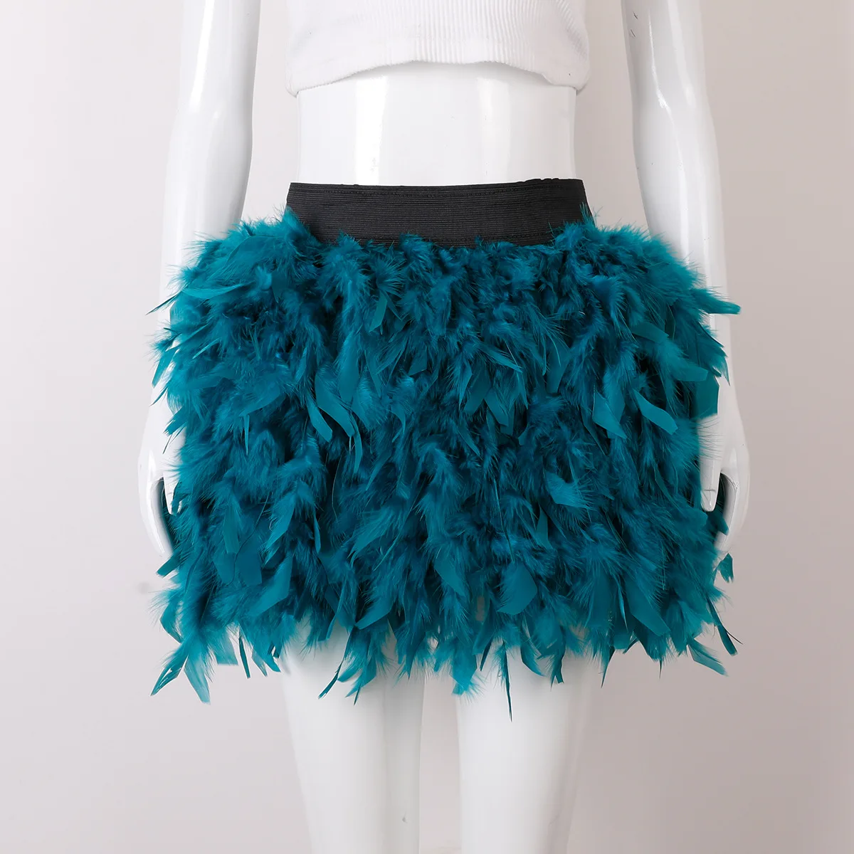 Womens Faux Feather Mini Skirt Elastic Mid Waist A-line Skirt Ladies Mardi Gras Outfit Festivals Carnival Dance Party Supplies