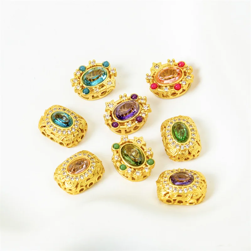 5 Pcs Copper Gold-plated Inlaid Colored Crystal Hollow Spacer Beads DIY Pearl Bracelet Necklace Hand String Jewelry Accessories