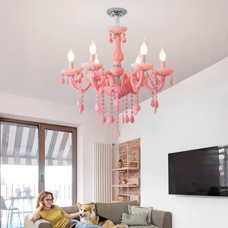 

SANDYHA Modern Crystal Chandeliers Pink Macaron LED Hanging Lighting for Bedroom Living Room Childrens Room Study Home Decor