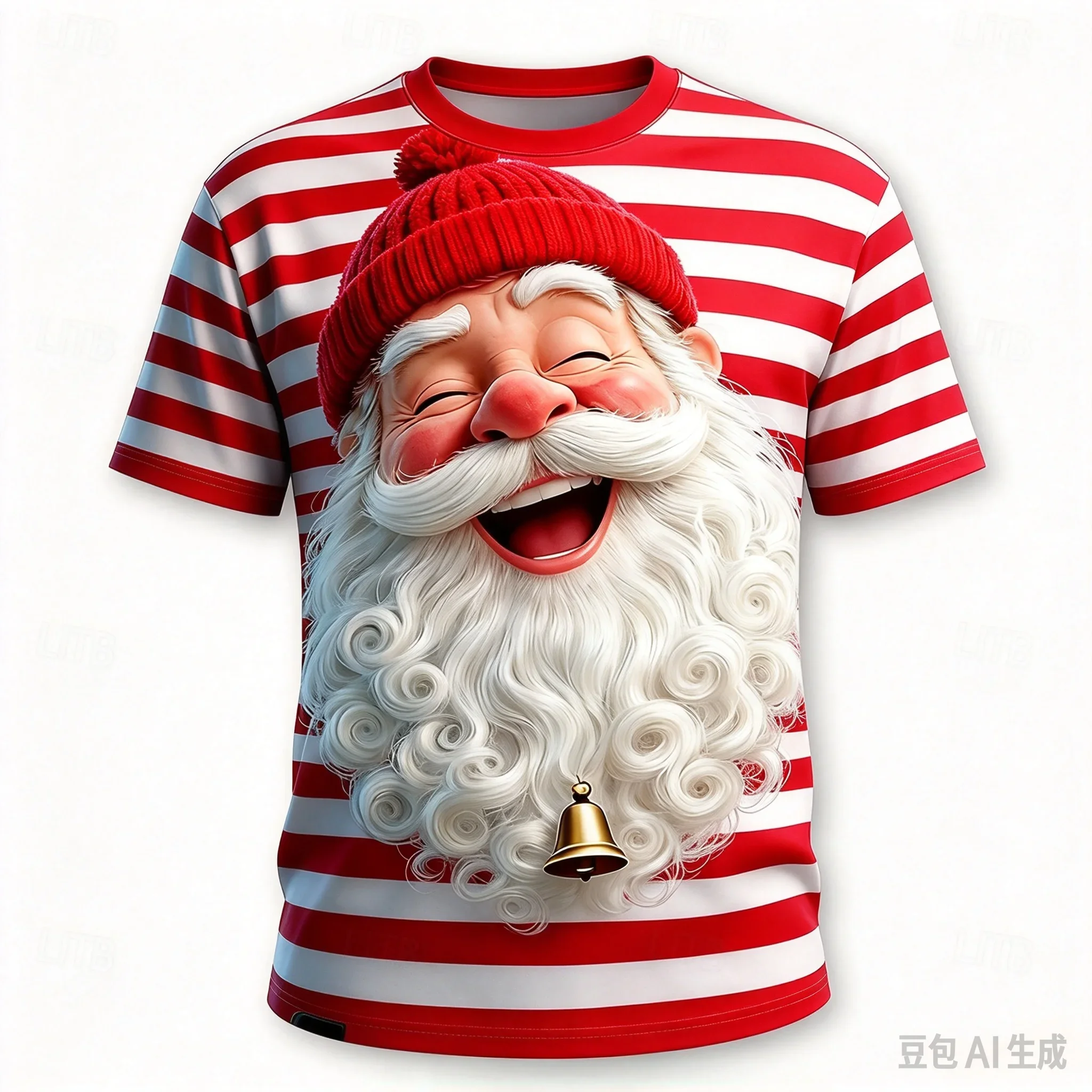 2026 Fashion New Men's 3D Laughing Santa Claus Print T-shirt Red White Striped Christmas Short Sleeve Tee Holiday Party Tops