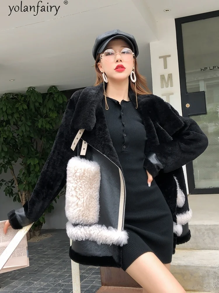 Coat Real Fur Female Streetwear Winter Jacket Women Sheep Shearling Motorcycle Coats and Jackets Women 2023 Women's Clothing