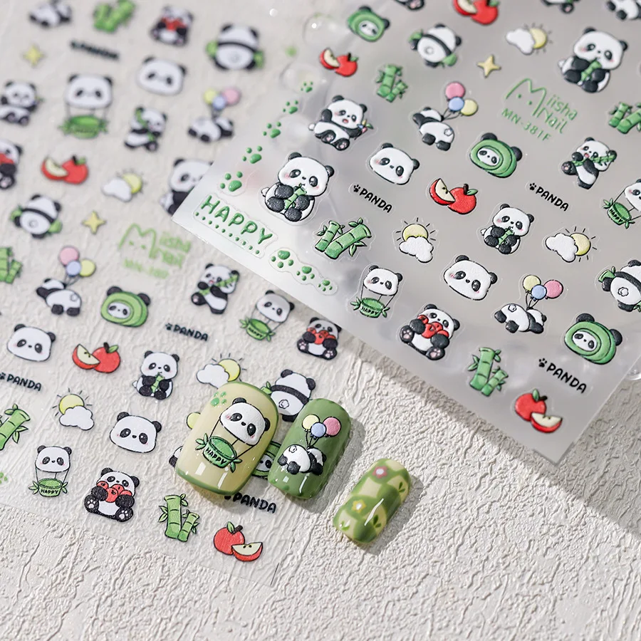 

5D Relief Lovely Cute Cartoon Panda Green Bammboo Adhesive Nail Art Stickers Decals Manicure Ornaments Accessories