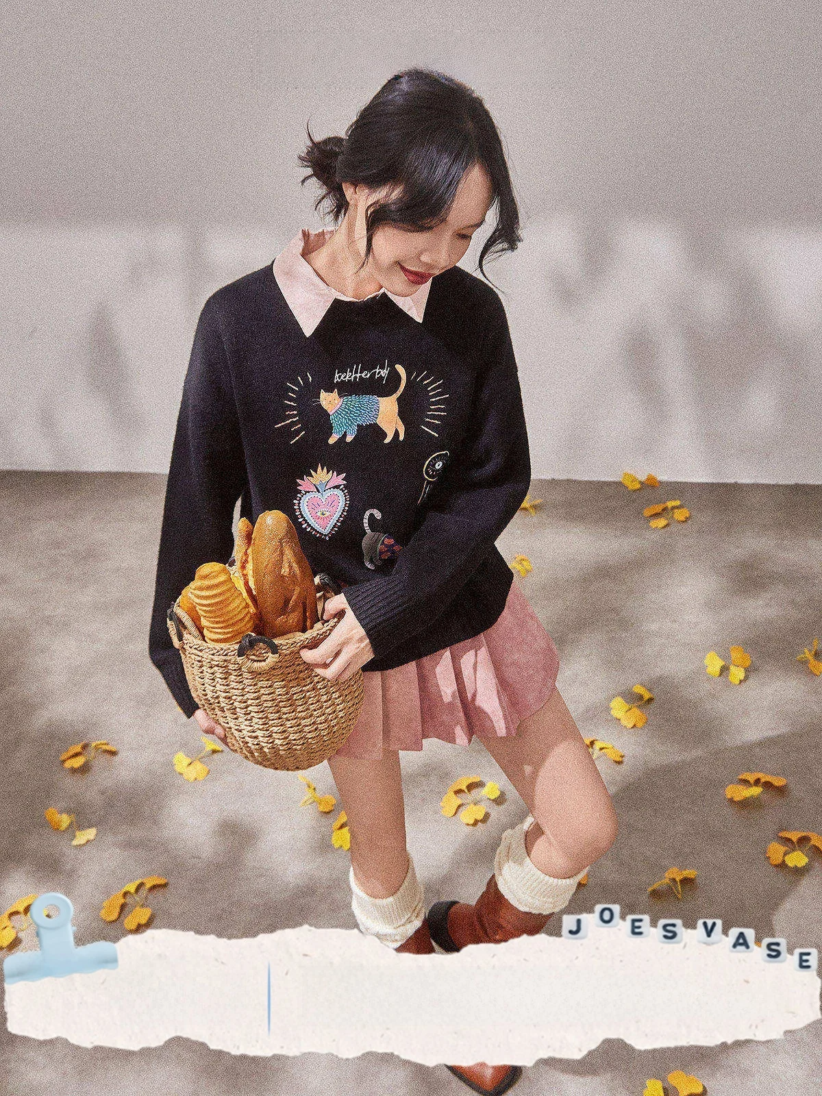 

Шерстяной свитер Bla для женщин, осенняя новинка, с принтом в виде цветочной вазы ×LAB, теплый, забавный, с мультяшным принтом, круглый вырез, длинный рукав