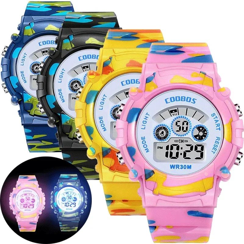 Reloj Digital con Flash colorido para niños y niñas, relojes deportivos luminosos LED de camuflaje para niños, reloj electrónico resistente al agua