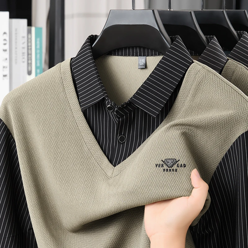 

TFETTERS Two-in-one Mens Polo Shirt Long Sleeve 2025 New Arrival Spring Autumn Casual Mature Polo Shirt for Man Office Tops