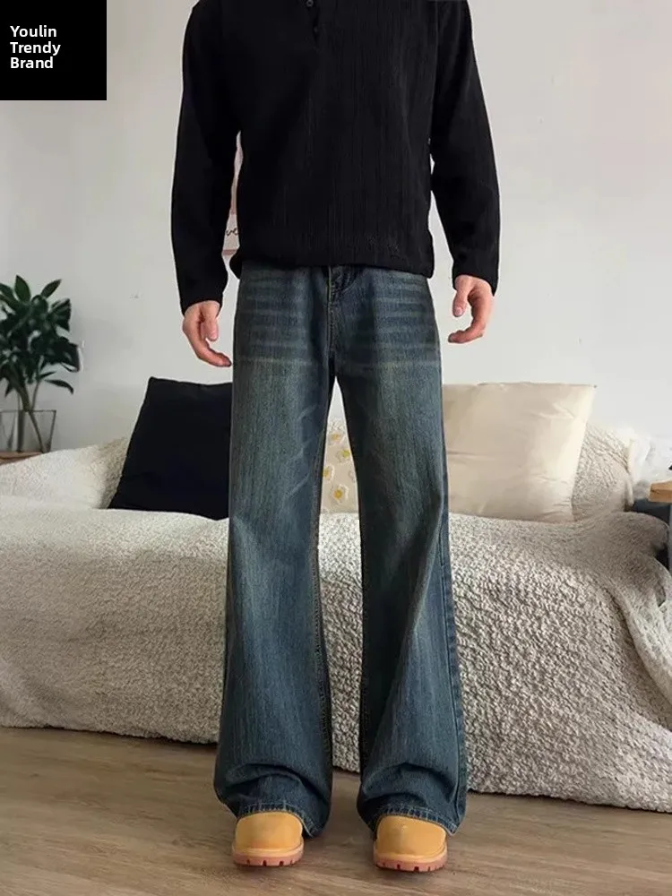 

American Style Retro Blue Fleece Lined Straight Leg Jeans Men's Autumn Winter Wide Leg Pants Cleanfit Knife Flared Pants