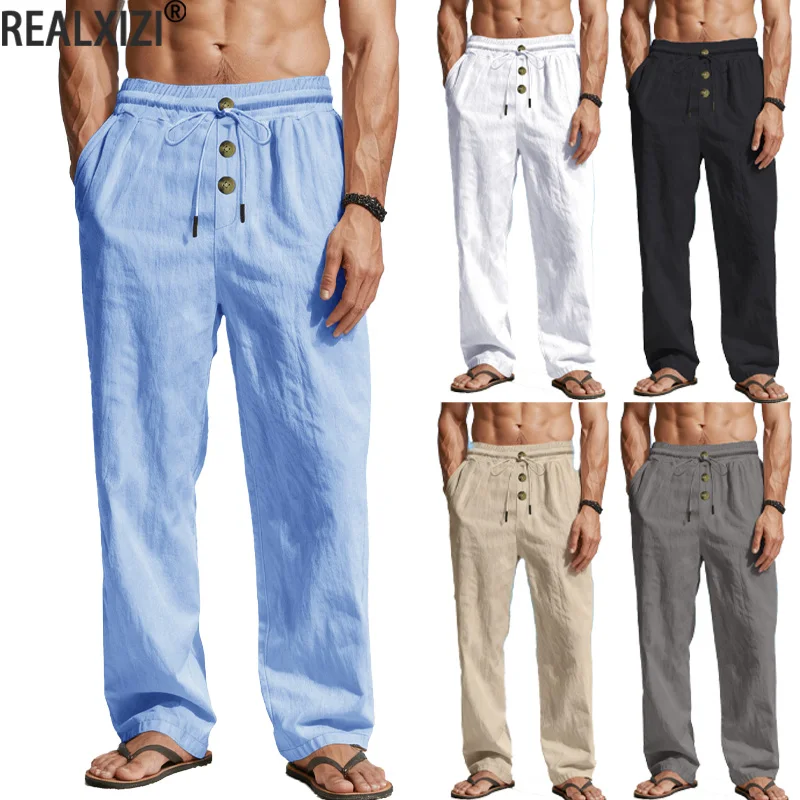 

Мужские дышащие длинные брюки, однотонные свободные легкие спортивные брюки с эластичной резинкой на талии, пляжные брюки для отдыха и йоги с карманом
