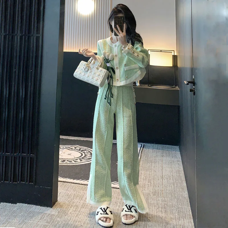 Fashion Set Women\'s Spring 2024 Korean Edition New Celebrity Elegant Women\'s Temperament High Grade Wide Leg Pants Two Piece Set