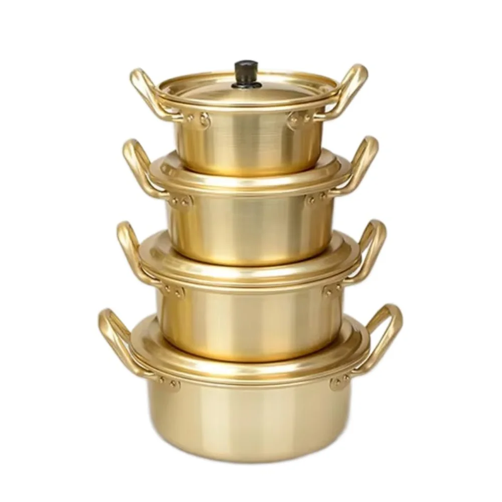 Olla de fideos Ramen dorada, doble oreja de aluminio con tapa, olla caliente para sopa, fácil de limpiar, olla Universal para cocinar fideos, estufa de Gas