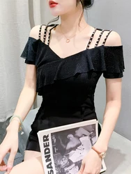 #5737 Black Blue Green Asymmetrical Mesh Off Shoulder T Shirt Women Split Joint Ruffles Streetwear Sexy Short Tee Thin Elastic