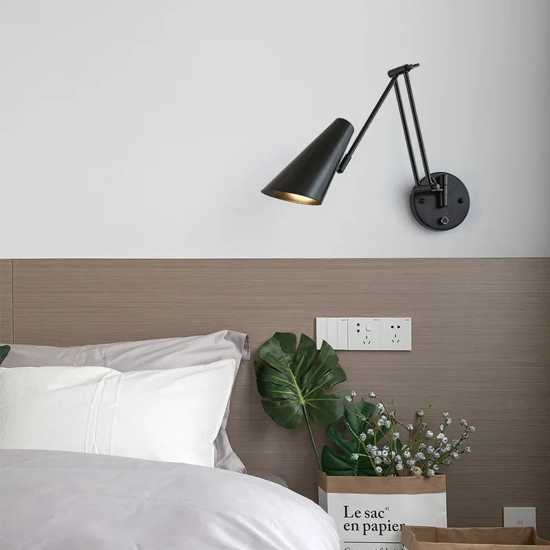 Bedroom bedside wall lamp, rfoldable retro long arm lamp