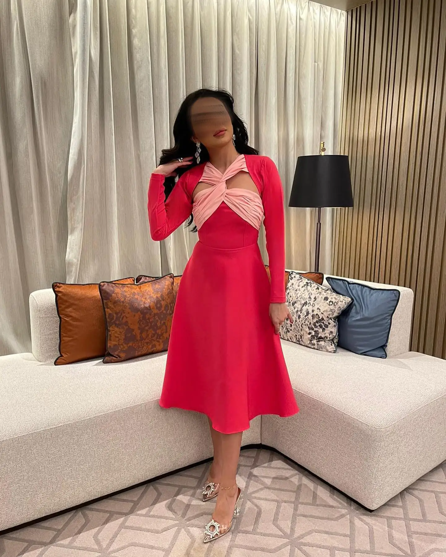 

Customized Classic Jersey Party Dresses Sexy V-Neck Long Sleeves Evening Dress Elegant A-Line Tea Length Special Occasion Gowns