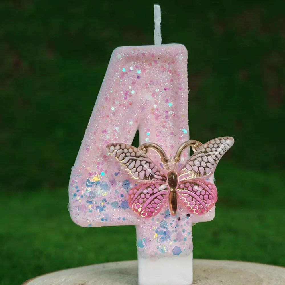 Pink White Butterfly Number Birthday Candles Digital Cake Decoration Party Supplies Birthday Celebration Candle