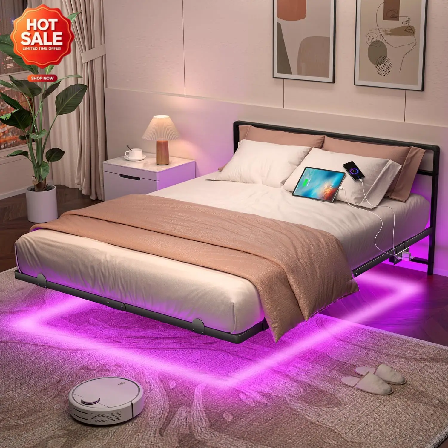 Queen Floating Bed Frame with Headboard, Modern Platform Bed Frame with LED Lights and USB Charging Station, Sturdy Metal Bed Fr