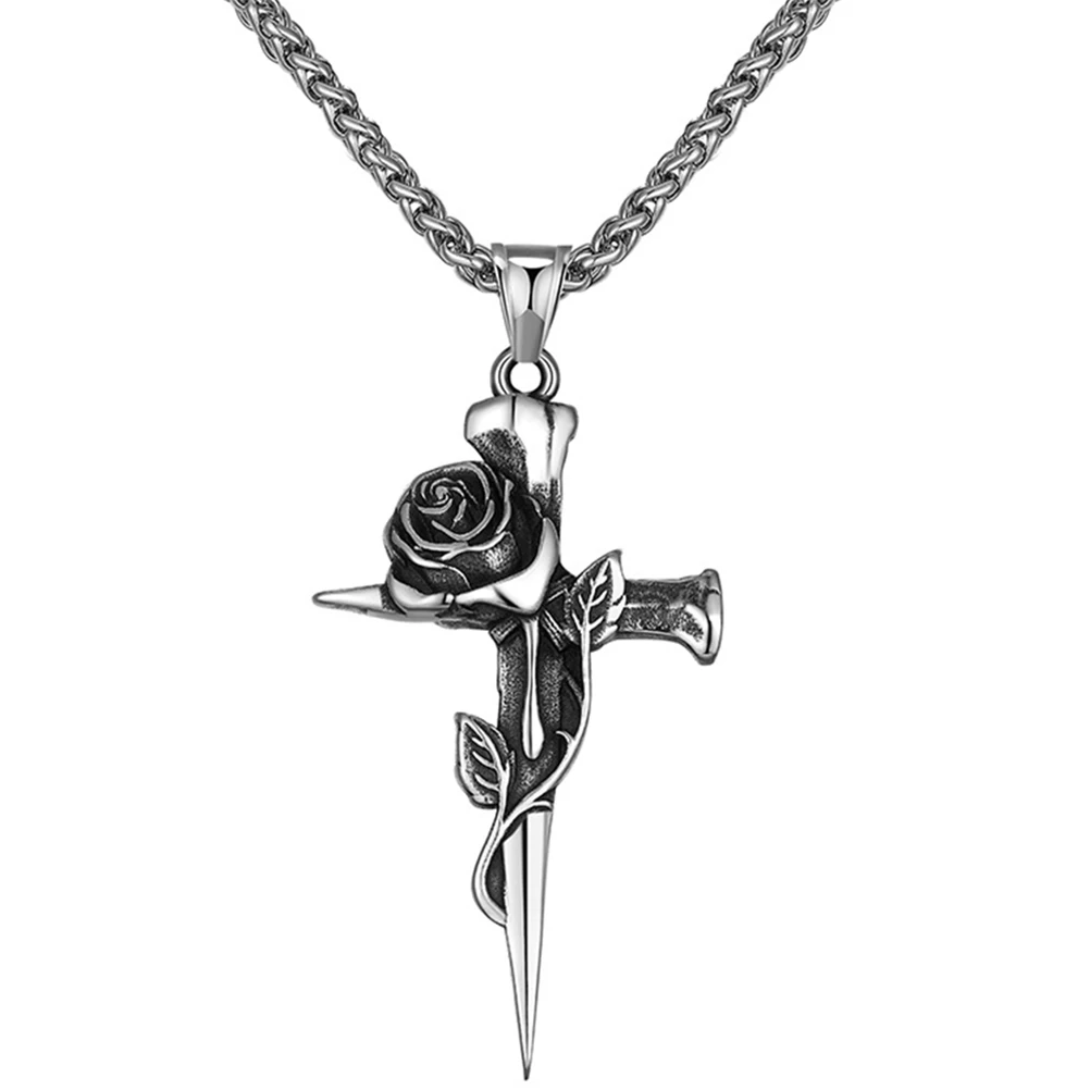 

Gothic Rose Cross Pendant Necklace for Men Stainless Steel Vintage Punk Chain Jewelry Gift Unisex Fashion Statement