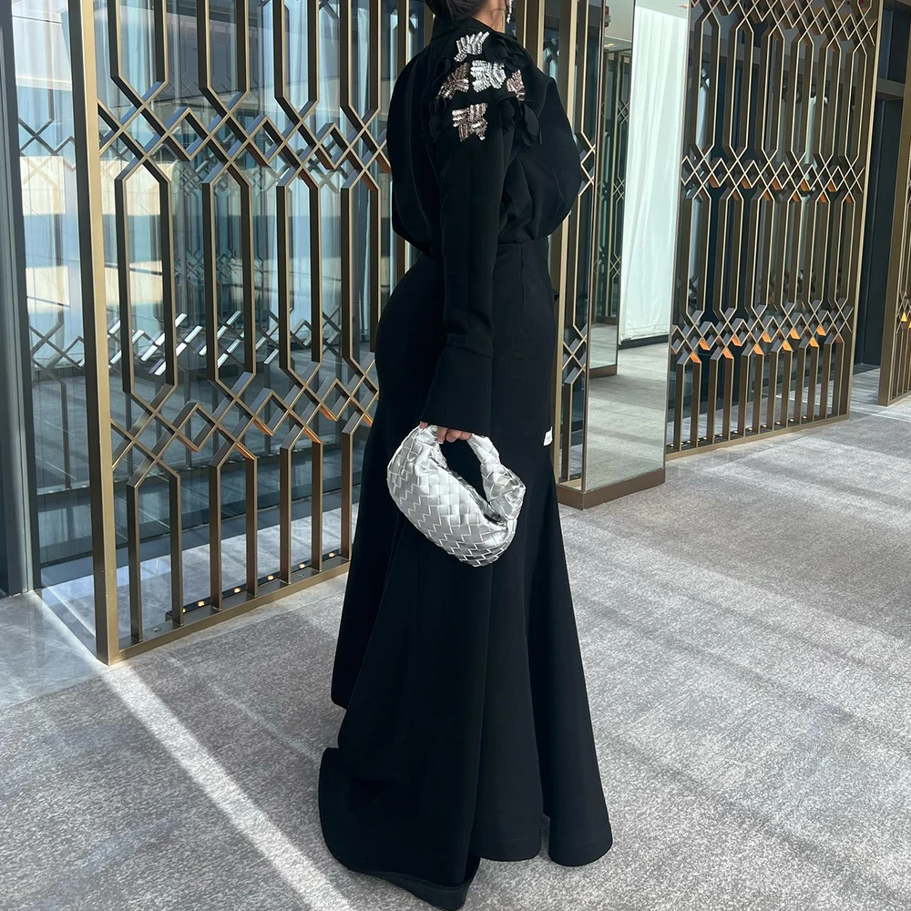 Customized Modern Straight Floor Length V-Neck Jersey Long Sleeves Crystal Evening Dress Classic Photo Color vestidos para mujer