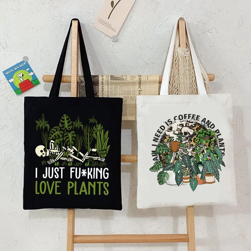 

Crazy Plants Canvas Tote Bag Women Vintage Skull Handbag I Need Is Coffee and Plants Print Tote Bag Skeleton Plants Shoulder Bag