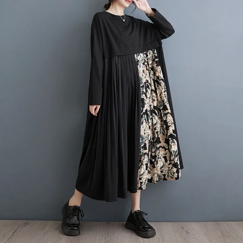 Patchwork Floral Finesse Women Midi Dress Elegance Blossom Lone Sleeves Girls Dress