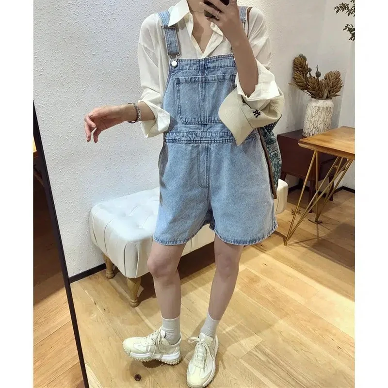 

Summer Female Chic Solid High Waist Denim Overalls Shorts Girls Retro Designer Thin Jeans Lady Casual Fashion Short Pants