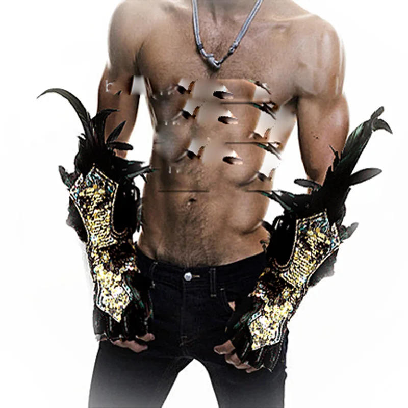 

Gold model Stage Show Gear Wear Sexy man black Festival Feather Wrist Piece nightclub bar singer dance catwalk costume