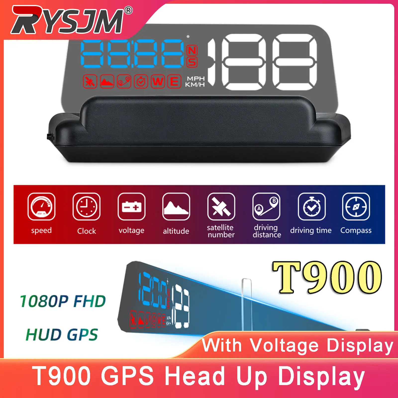

Проекционный дисплей T900 GPS на лобовое стекло HUD: цифровой дисплей, скорость (км/ч), спидометр, часы, компас, альтиметр для всех автомобилей