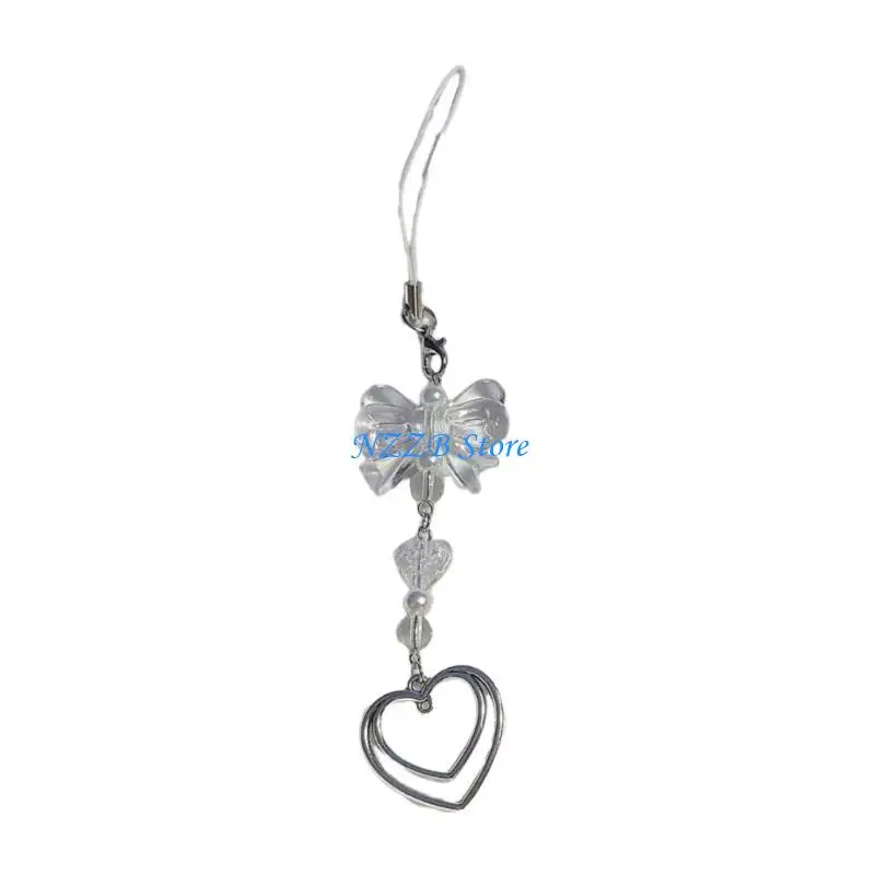 

T21F Butterfly Knot Heart Phone Lanyard Bow Phone Chain Wrist Strap Anti-Lost Chains Cellphone Straps Stylish Ornament