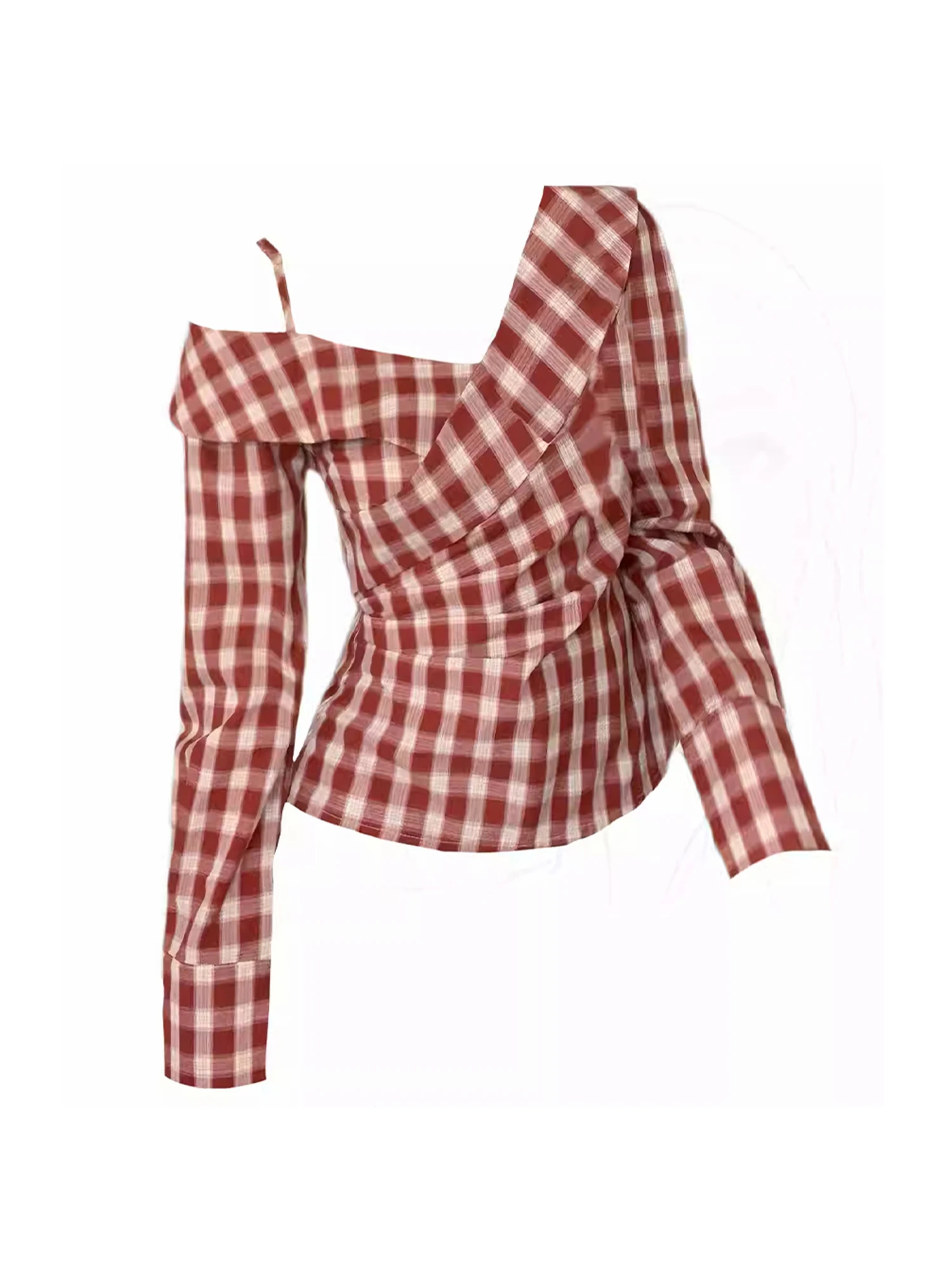 

Women Red Plaid Shirts and Blouses Y2k 90s Aesthetic Vintage Elegant 2000s Off Shoulder Long Sleeve Vk Shirt Clothes Autumn 2025