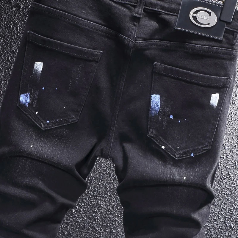 Street Designer Fashion Men Jeans Retro Black Gray Stretch Slim Fit Patched Ripped Jeans Men Painted Vintage Denim Pants Hombre