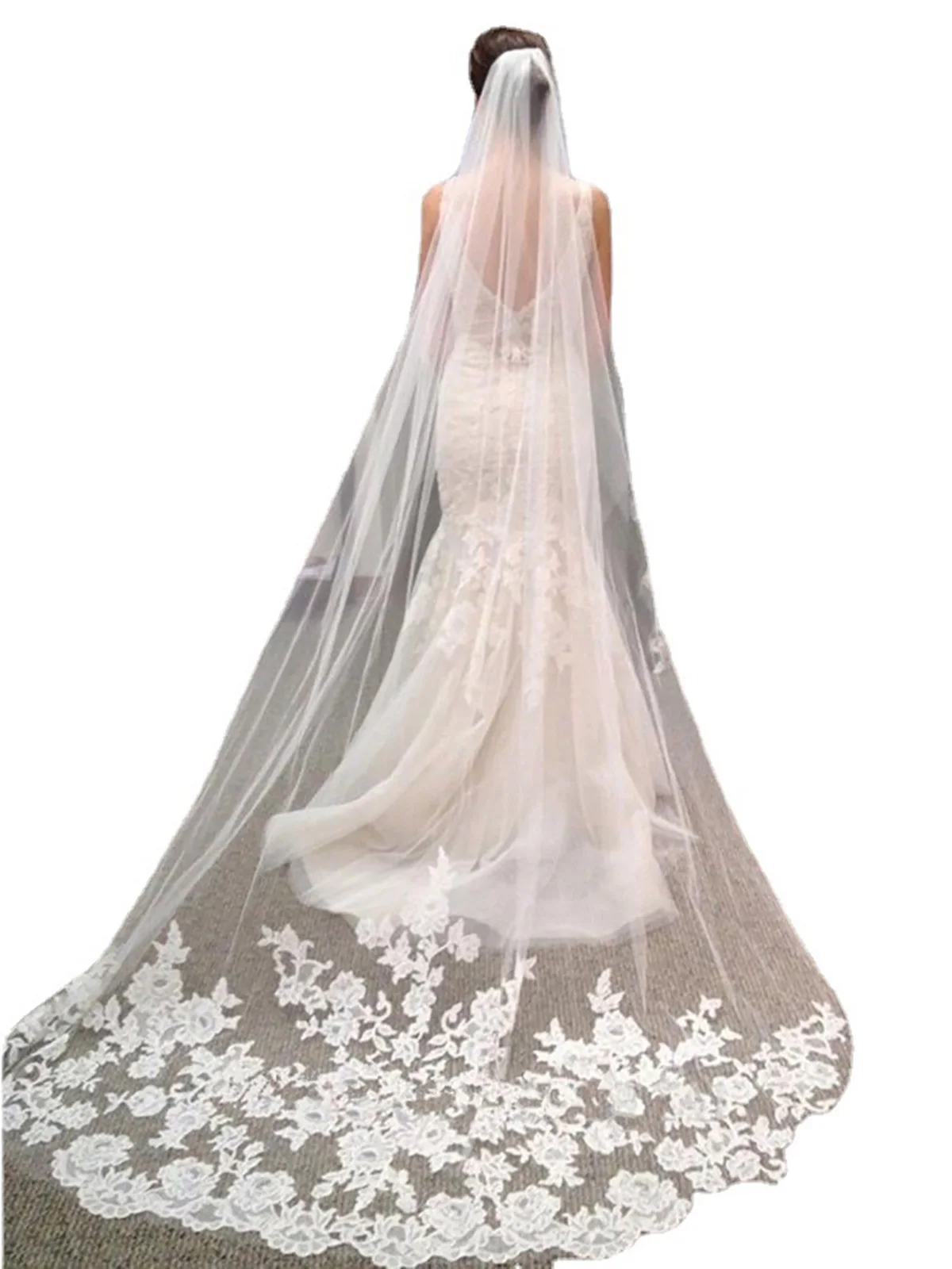 Свадебная фата, свадебный собор, цветочное кружево, одноуровневое белое с расческой для невест