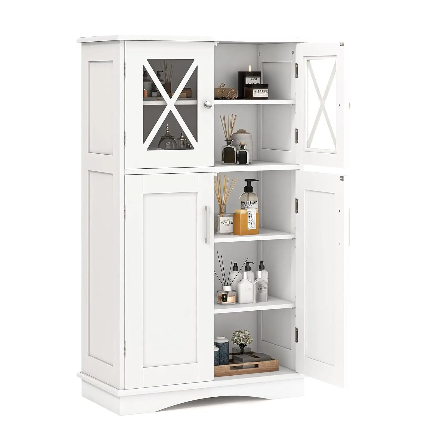 Freestanding Floor Cabinet w/2 Glass Doors, 3-Level Adjustable Shelves, Anti-toppling, Kitchen Pantry Cupboard for Bathroom