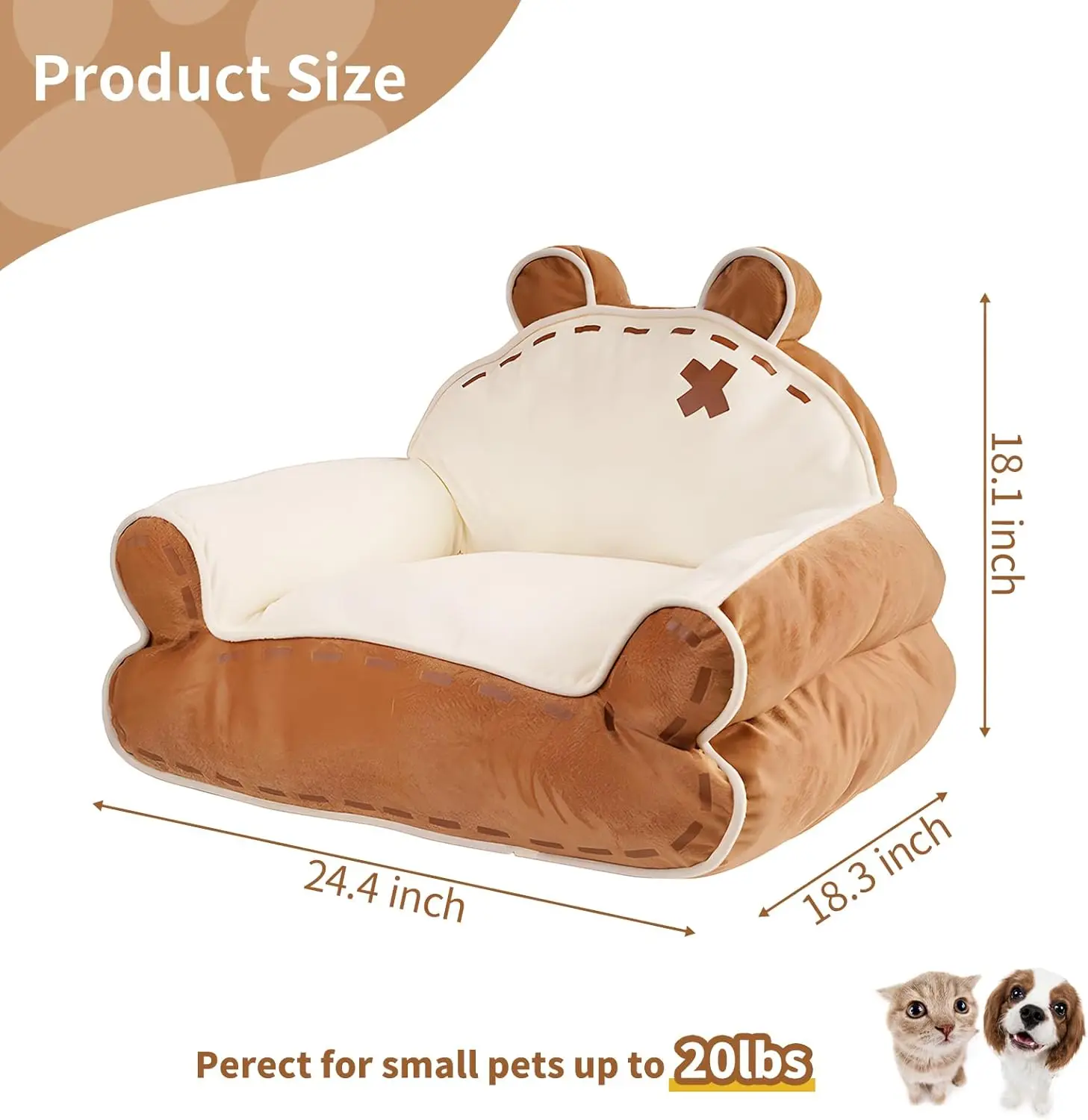 Cat Couch Bed with Bear Ear, Fluffy Pet Sofa for Cats Up to 20 lbs, Non-Slip Bottom, 25'