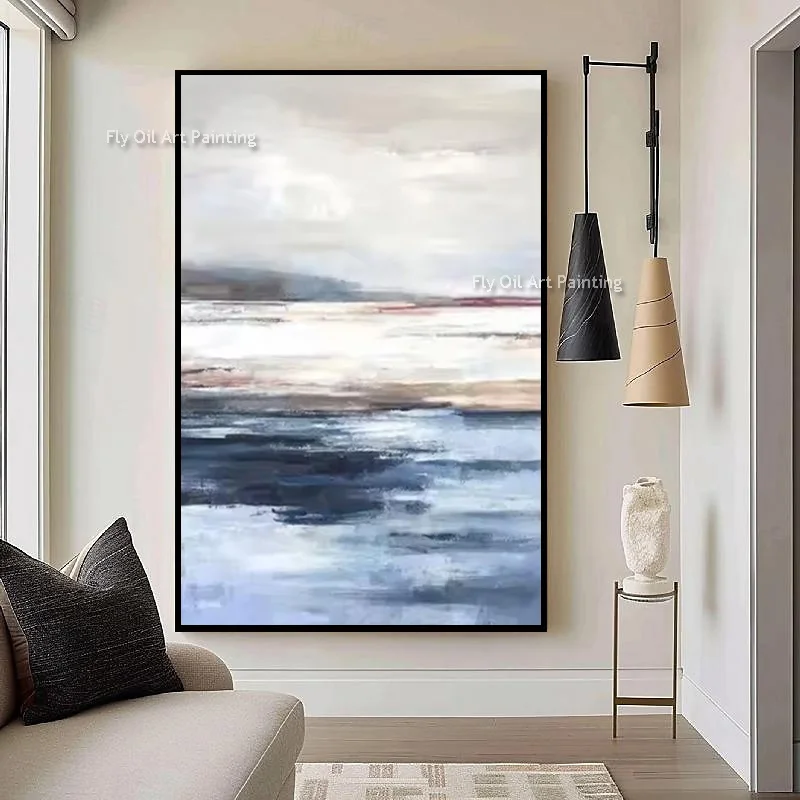 Simplism Original Blue And Grey Seaside View Canvas Artwork For Home Hall Decor Handpainted Beige Simple Oil Painting As Gift