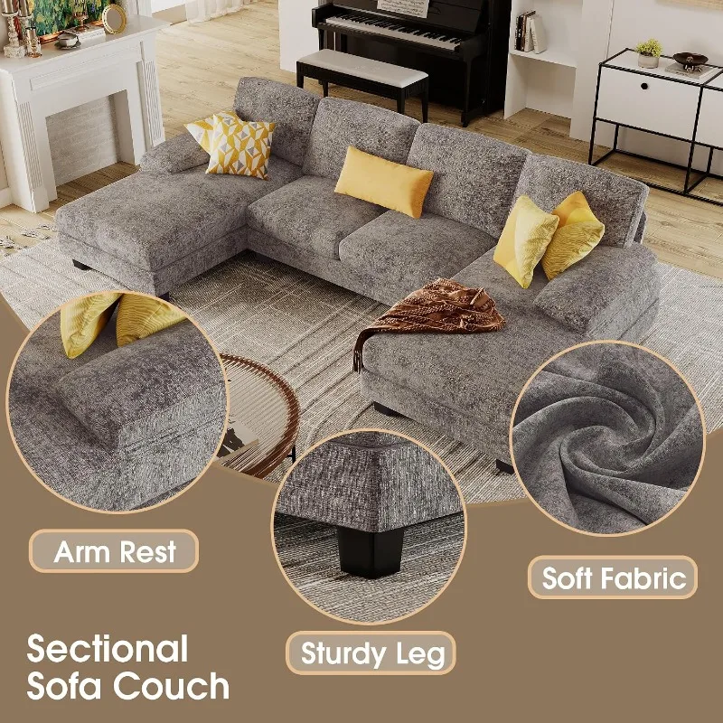Furmax Sectional Couches for Living Room, Chenille, Grey | U-Shaped Sofa Couch with Linen Fabric, 4 Seat Sofa Set