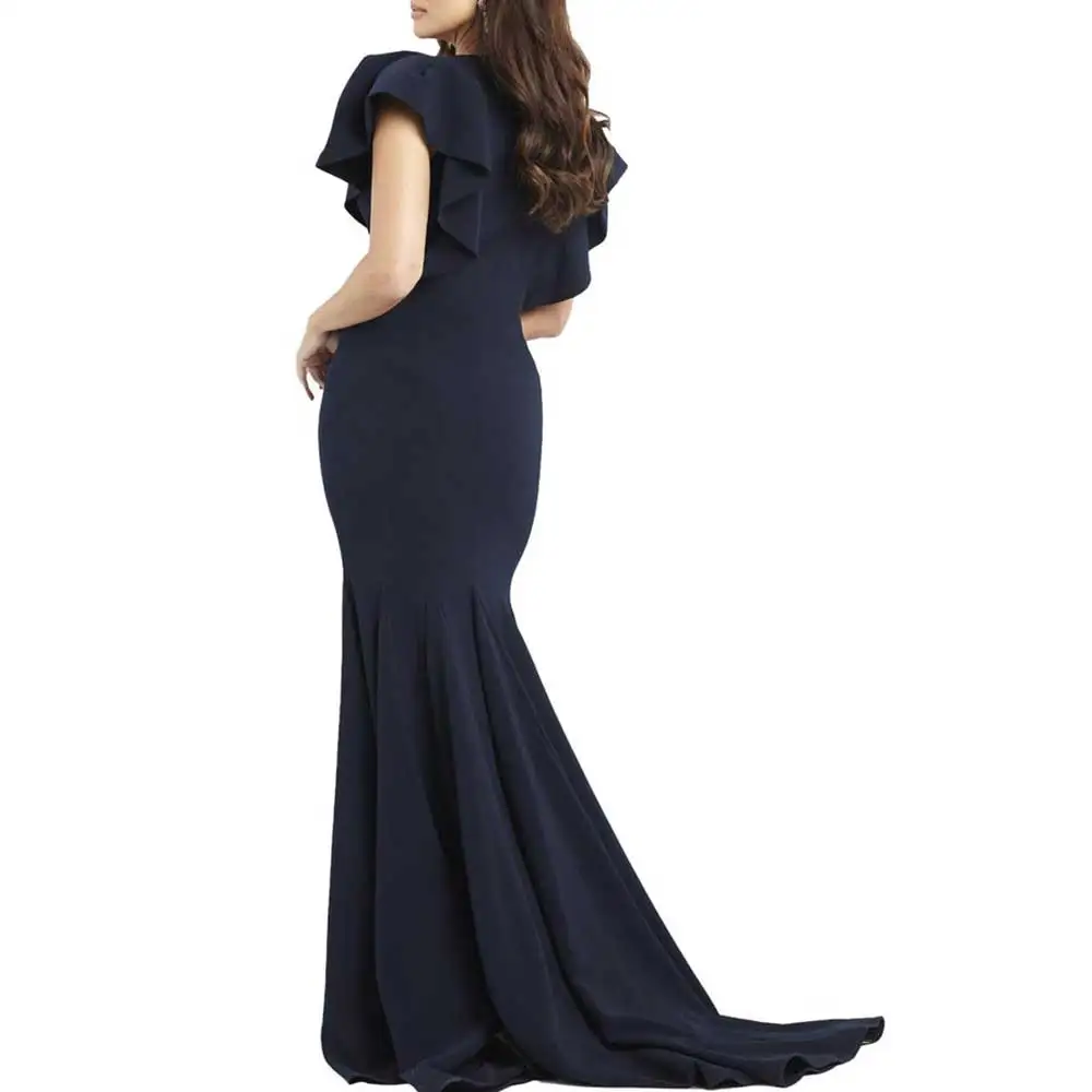 Navy Blue V-neck Fishtail Dress Formal Special Occasion Mom Gown Temperament Evening Dress Sexy Tight Wrap Hip Crepe Ball Dress