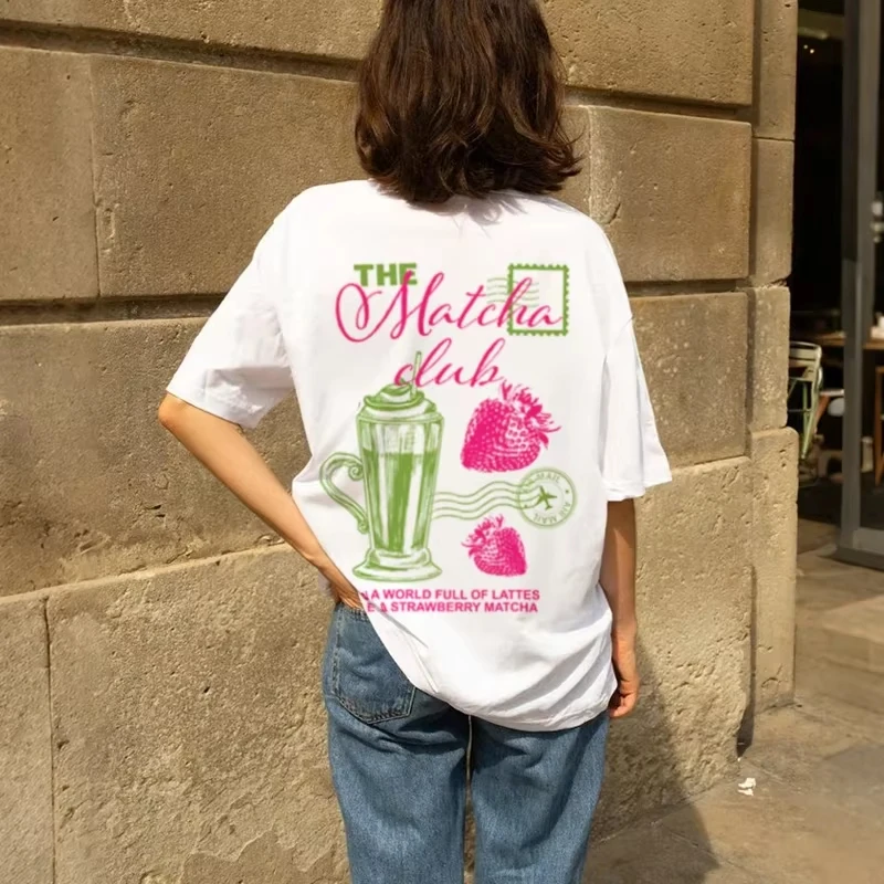 

Женские футболки с рисунком клубники Матча, эстетичная уличная футболка в стиле ретро, свободная милая хлопковая рубашка с короткими рукавами, женская одежда