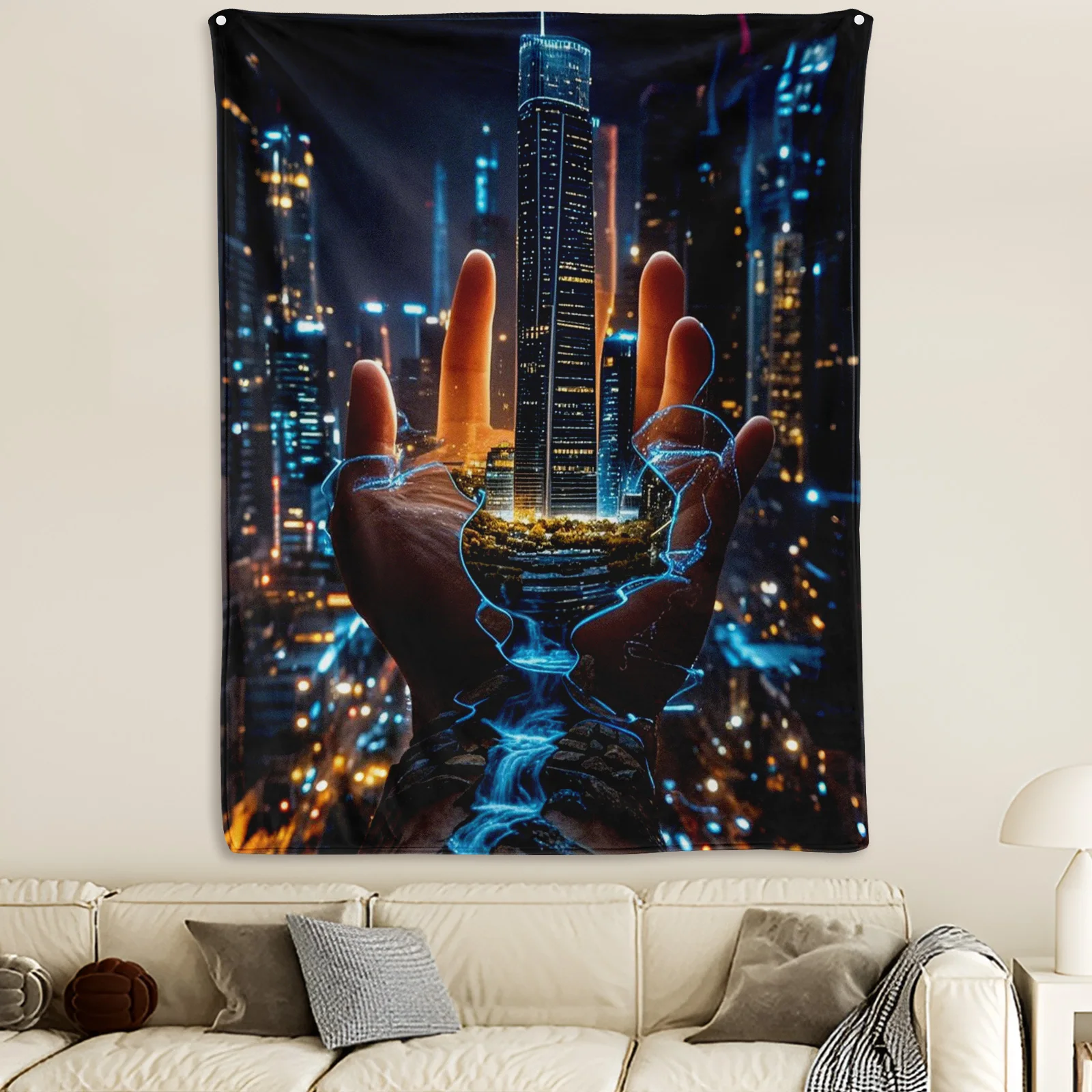 

Innovative Cityscape Tapestry Blanket Featuring Hand Holding Design For Unique Urban Inspired Home Decor And Artistic Ambiance