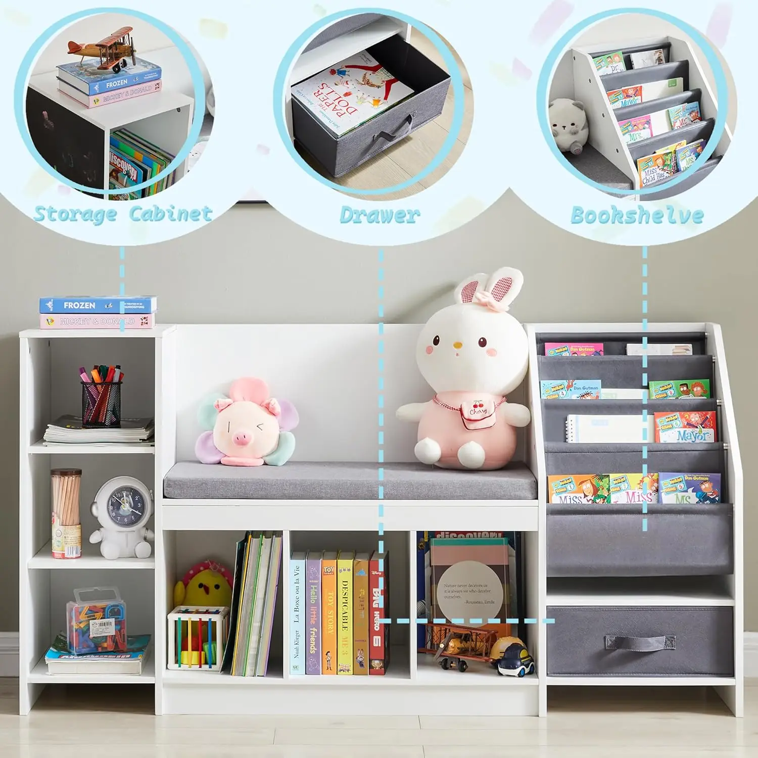 Kids Reading Nook with Sling Bookshelf, Toy Organizer with Bench and Black Board, 5 in 1 Kids Bookcases for Nursery