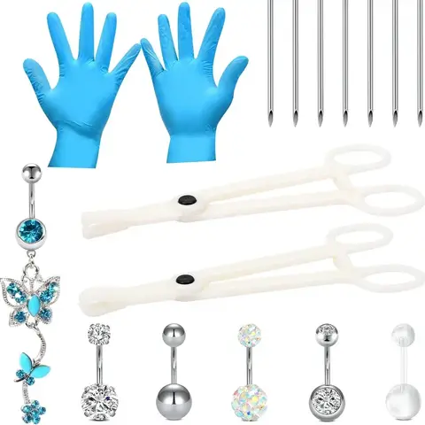 Kit per piercing all'ombelico, aghi per piercing 14G e set di morsetti per piercing all'ombelico per anello all'ombelico