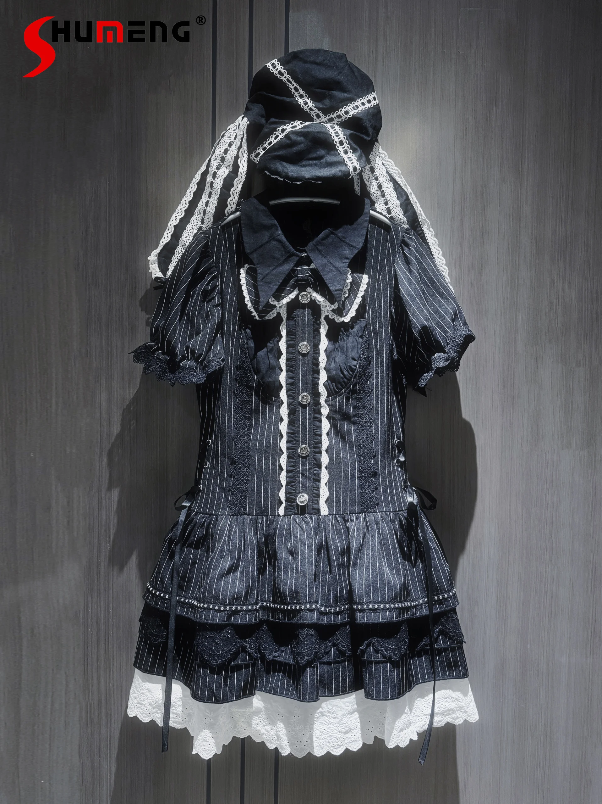 Original Design Gothic Striped Dress Op Women Summer Fashion Slim-Fit Subculture Bat Collar Bow Strap Bubble Sleeve Mini Dresses