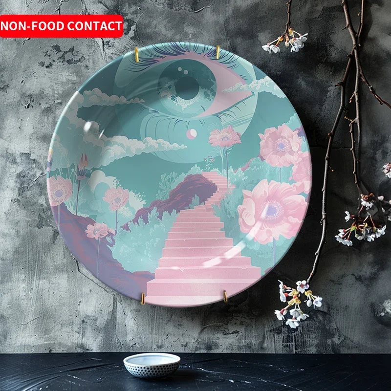 1pc Abstract Art Ceramic Wall Decor Plate - Woman Eye & Staircase Design with Pink Flowers, Blue Sky & Clouds, Round Non-Food