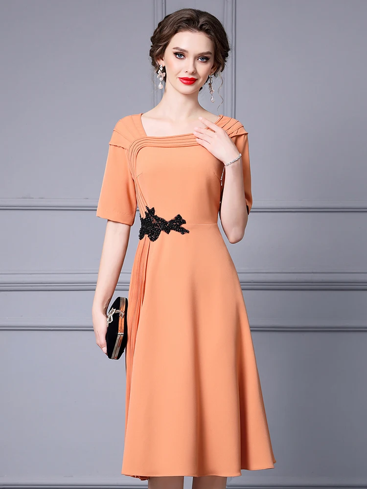 Seasixiang Fashion Designer Summer Pleated Dress Women Asymmetrical Collar Short Sleeve Beading Elegant Party Solid Color Dress