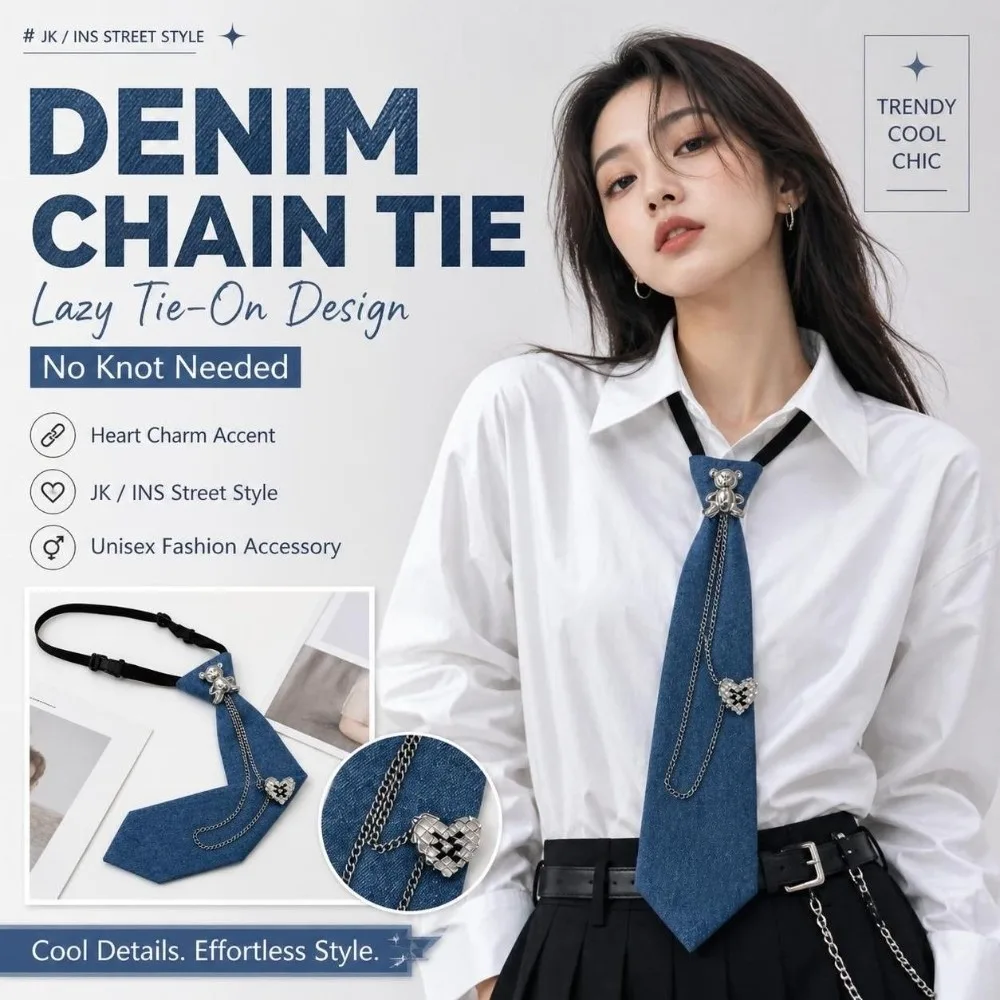 Cowboy Style Denim Pre Tied Necktie with Tassel Adjustable Costume JK Tie‌ Jewelry Accessories Beaded Denim Chain Necktie
